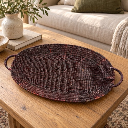 Vintage oval woven wicker tray - oval,