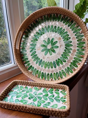 Rattan tray set 2pcs green - 2pcs,
